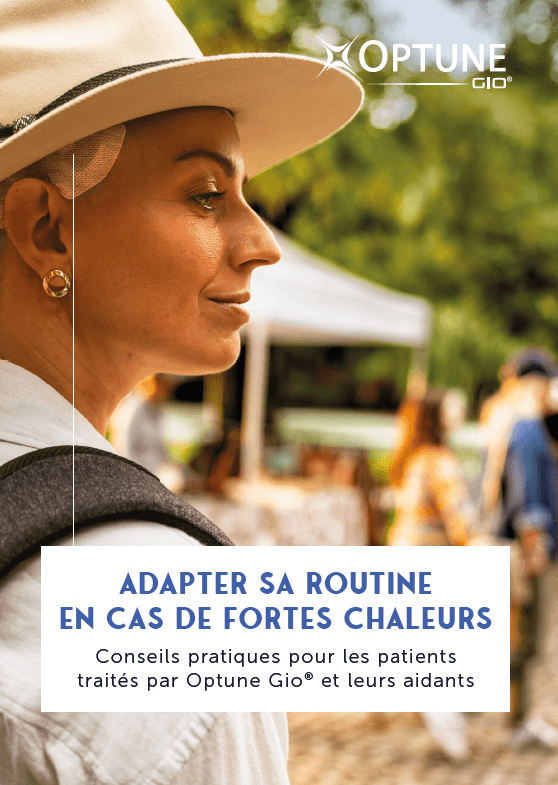 Illustration of a person managing heat with sun and temperature symbols